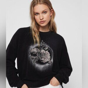 AllSaints Ethie Lo oversized black cotton-blend sweatshirt with a rose print